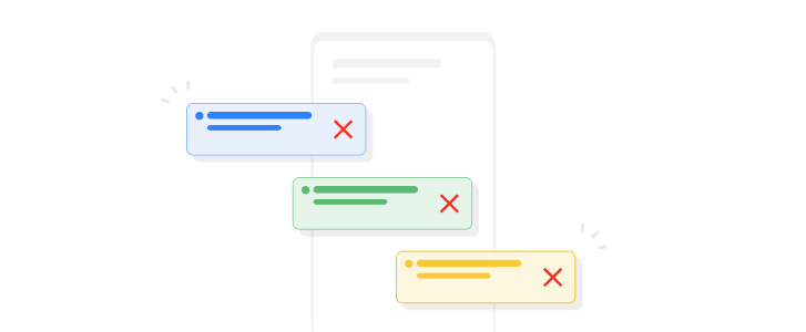An abstract UI has three pop-up ads on it. The ads have promined red exes and can be closed out.