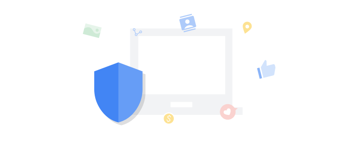 A browser is surrounded by icons of different websites and social media icons. A large shield is in front of the browser, protecting it from trackers.