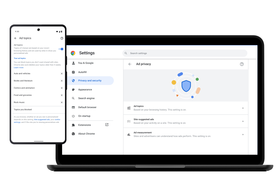 Privacy settings A smartphone and a laptop both display Chrome's privacy settings.