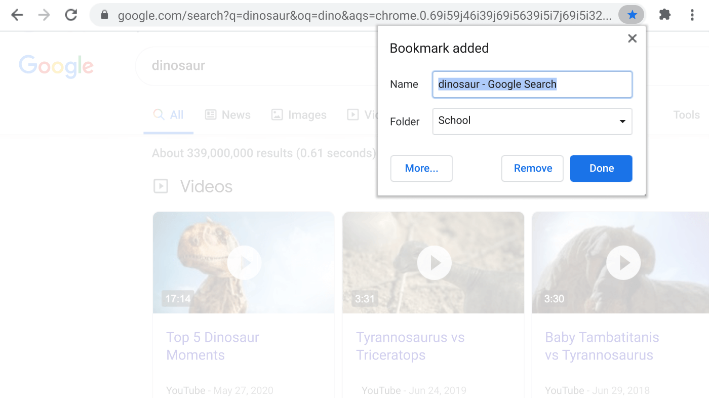 Chrome browser window with open Bookmark dialog box visible.