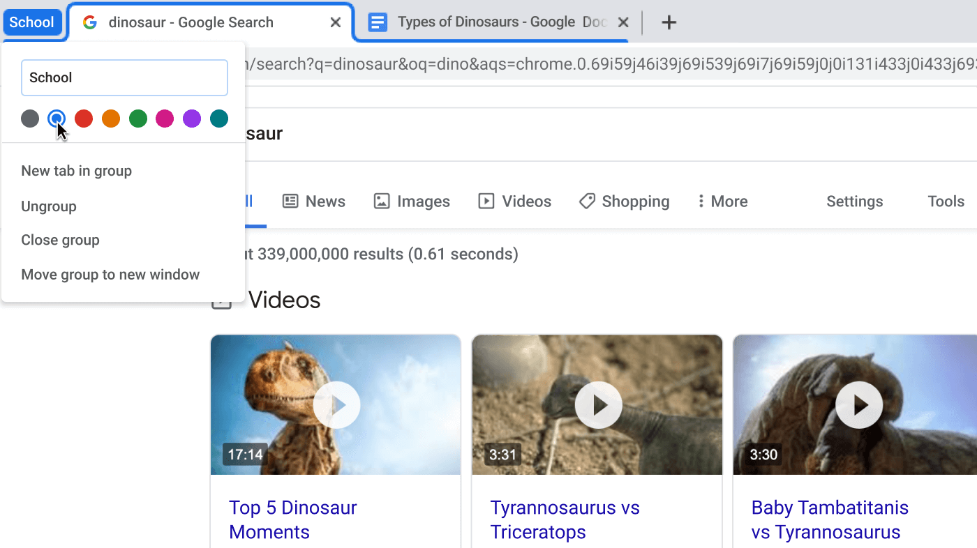 Chrome browser window with dialog box showing the naming of a tab group.