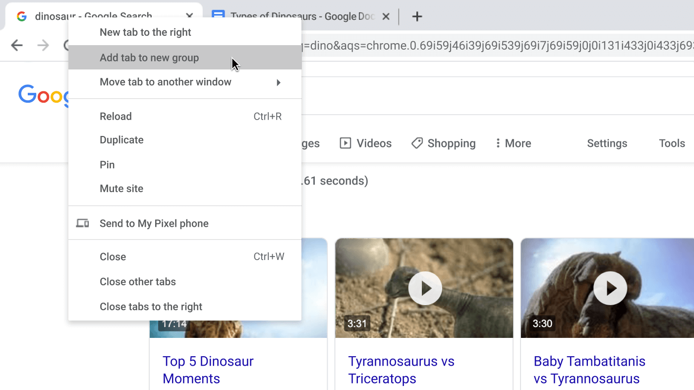 Chrome browser window with dialog box showing the creation of a new tab group.
