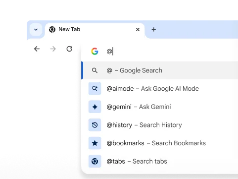 A dropdown with shortcuts for Gemini, History, Bookmarks, and Tabs.